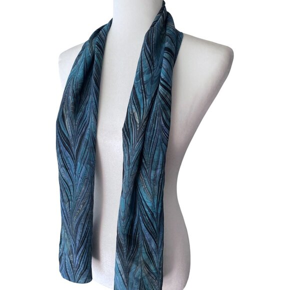 Gail Mackenzie Silk Hand Made Blue Patterned Scarf Rectangle Floral Marbelized - Picture 1 of 6